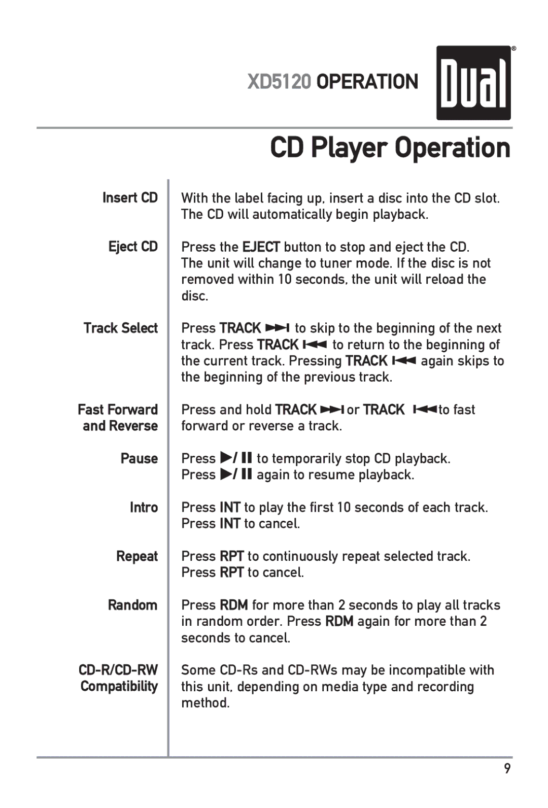 Dual XD5120 owner manual CD Player Operation, Insert CD Eject CD Track Select, Pause Intro Repeat Random 